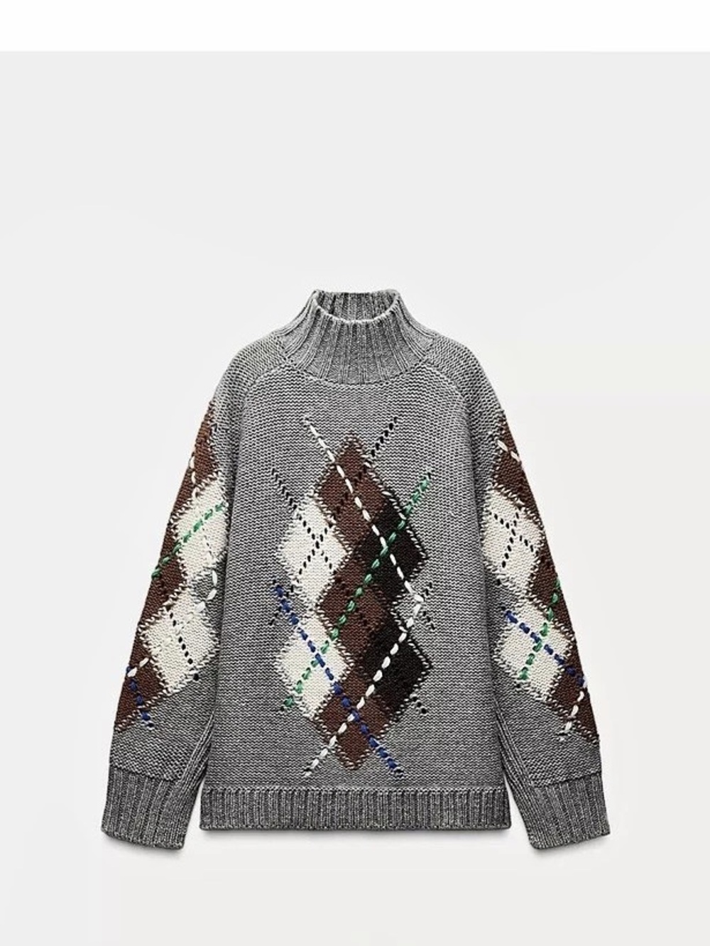 Zara Knit Argyle Sweater in Gray & Brown